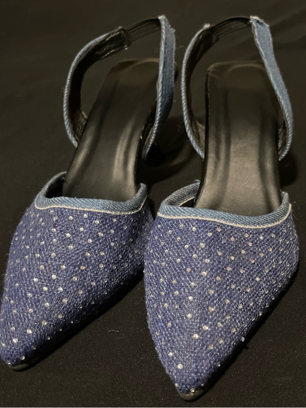 Denim Blue Pointed-Toe Slingback Heels with Rhinestone Embellishments
